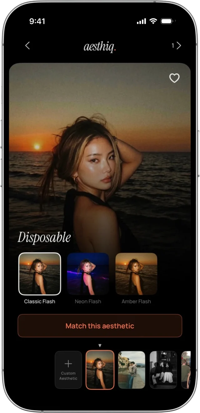 Aesthiq on iPhone showing a curated style applied to a sunset beach portrait, with variation thumbnails below