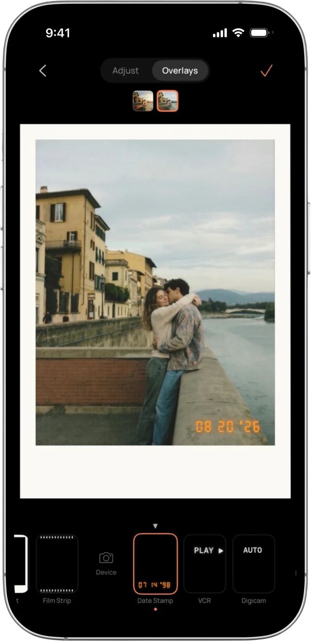 Aesthiq overlay carousel with an instant frame and date stamp applied